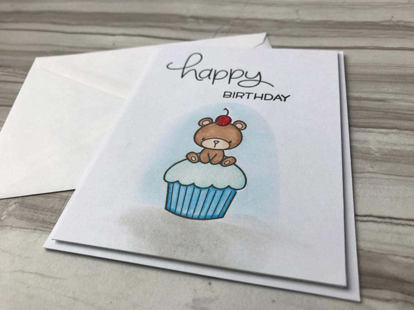 Cute Bear on Cupcake Birthday Card