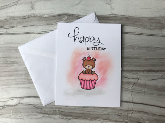 Cute Bear on Cupcake Birthday Card