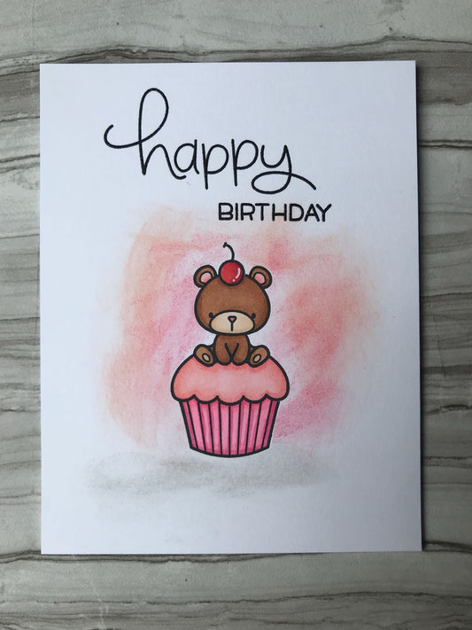 Cute Bear on Cupcake Birthday Card